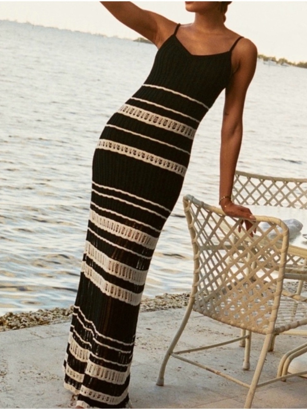 NWT Abercrombie & Fitch Black and White Striped Crochet Maxi Dress Size L Tall